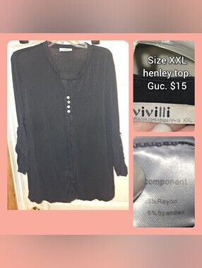 ViVilli Black 3/4 Sleeve Henley Button-Front Shirt